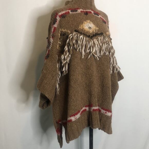 Free People Brown Fringe Oversized Poncho Sweater XS - Picture 4 of 16